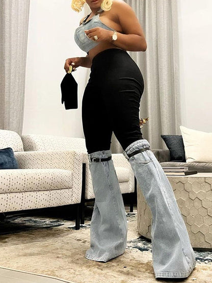 High Waisted Belted Split-Joint Flared Trousers