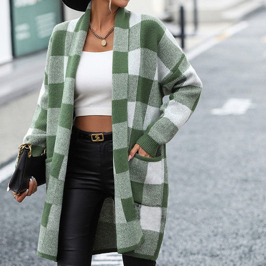 Contrast Color Long Sleeve Plaid Casual Loose Knitted Cardigan