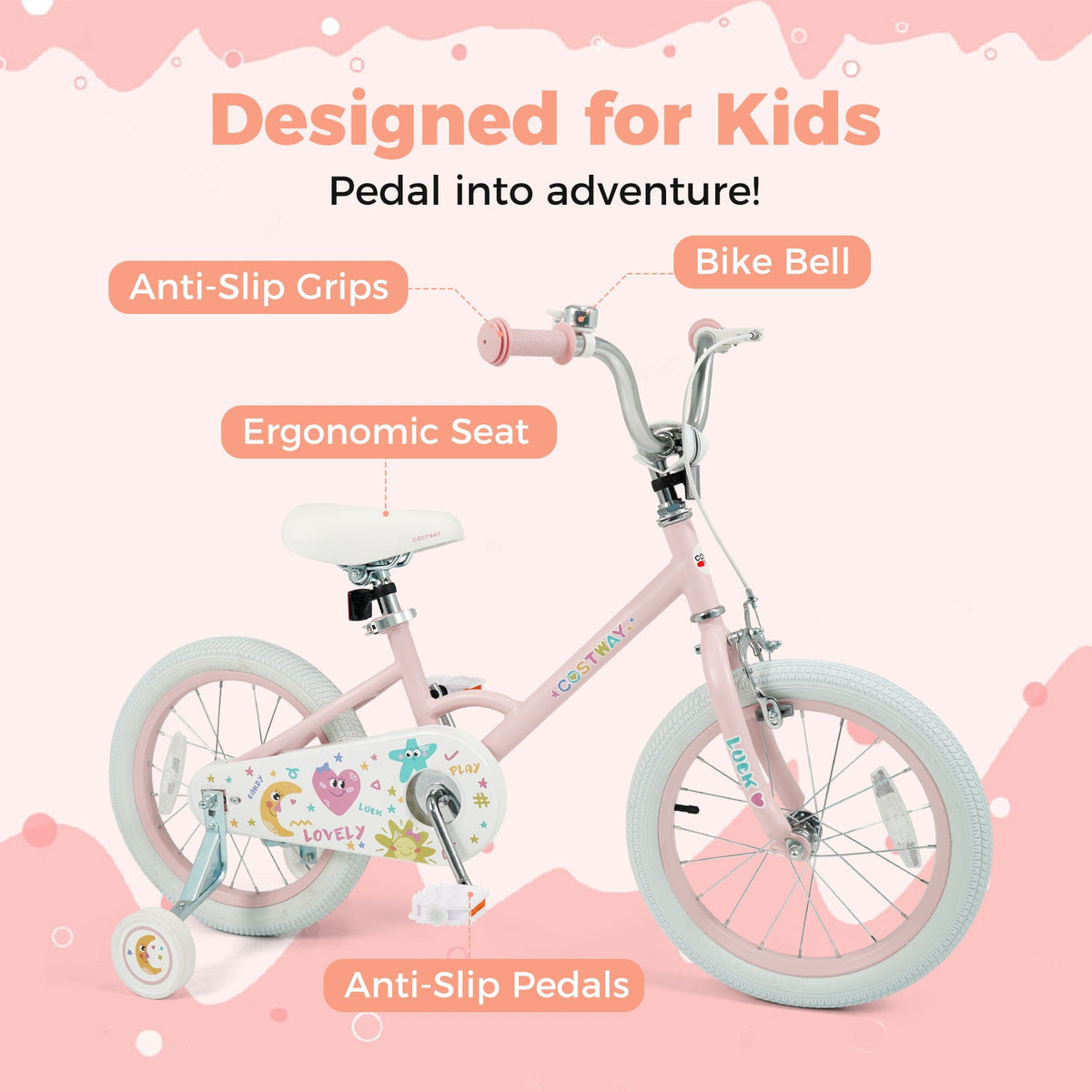 Kids Bike 12-18 Inch with Training Wheels - Pink Stars & Moon
