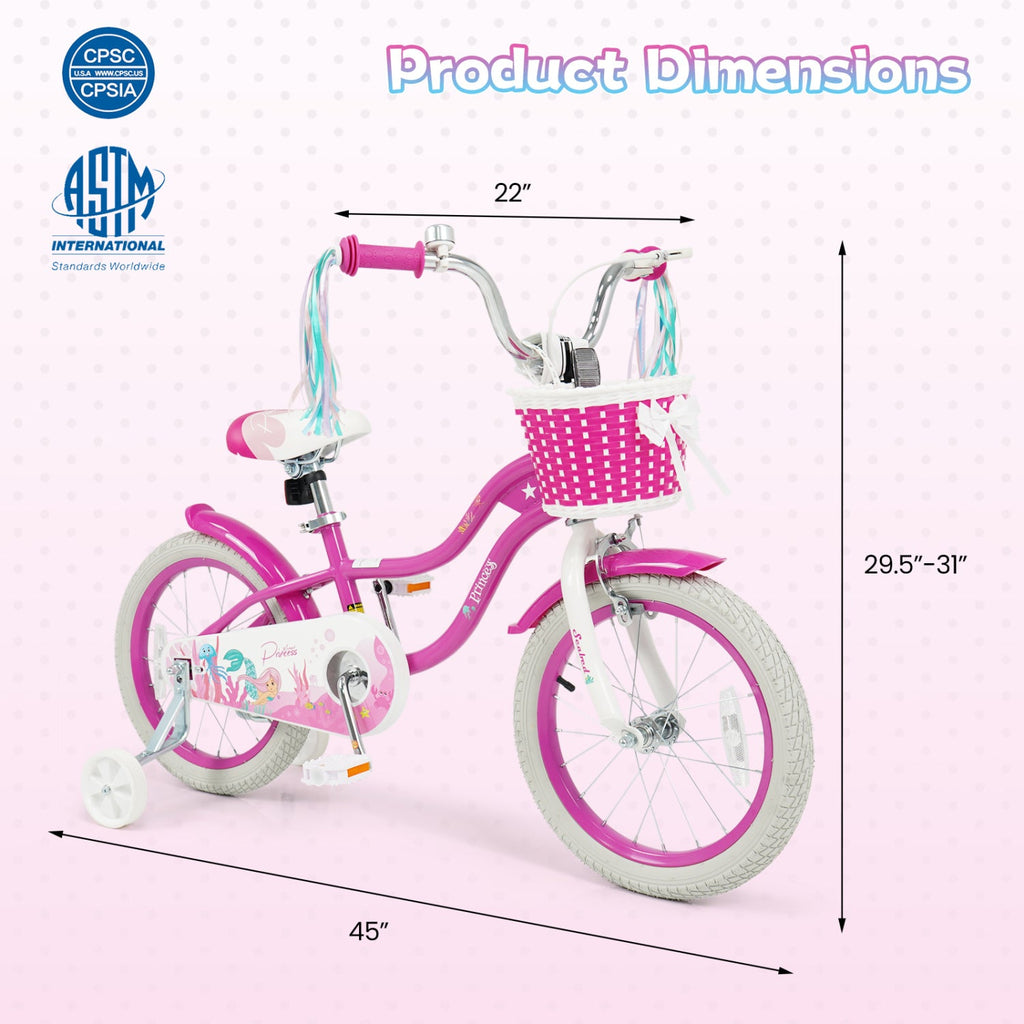 Kids Bike 18-Inch with Training Wheels and Basket Rose Red