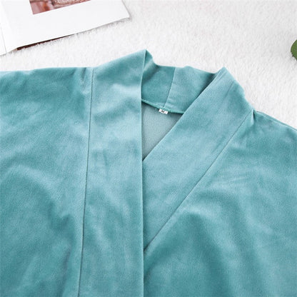 Solid Color Crystal Velvet Nightgown with Long Sleeves and Waist Tie