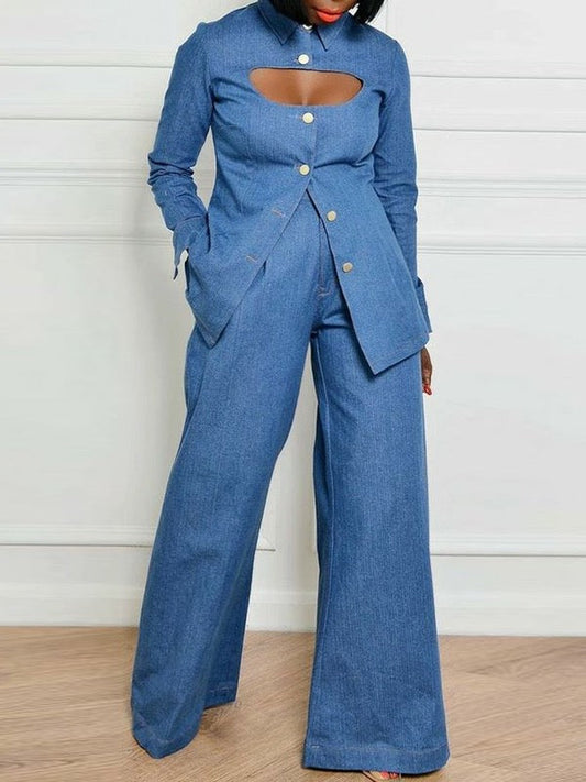 High-Waisted Loose Fit Jeans with Pockets and Lapel - Solid Color