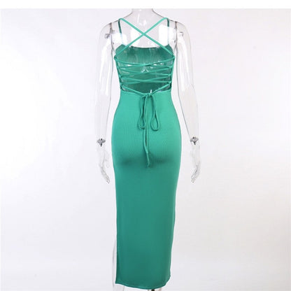 Solid Color Backless Halter Dress with High Split