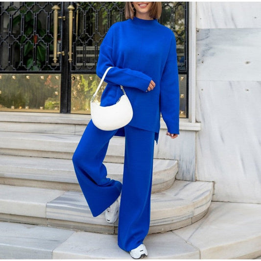Casual Loose Knitted Two-Piece Set with Solid Color Long Sleeve Top and Pants