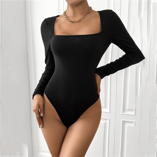 Square Neck Long Sleeve Solid Color Bodysuit Rompers