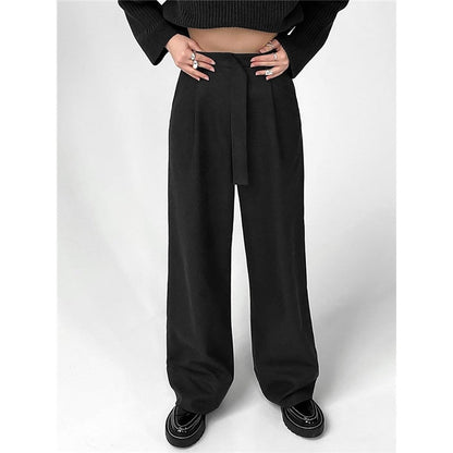 High-Waisted Wide-Leg Belted Casual Pants in Solid Color