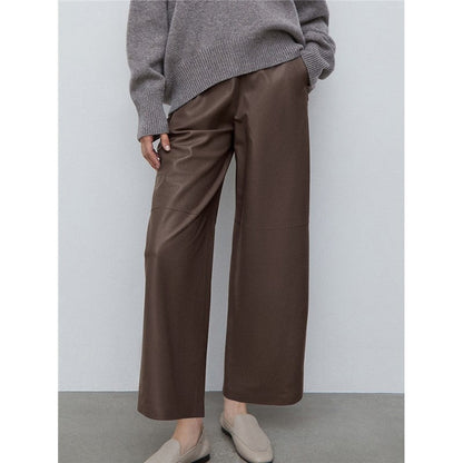 High Waisted Solid Color Straight Leg Faux Leather Pants