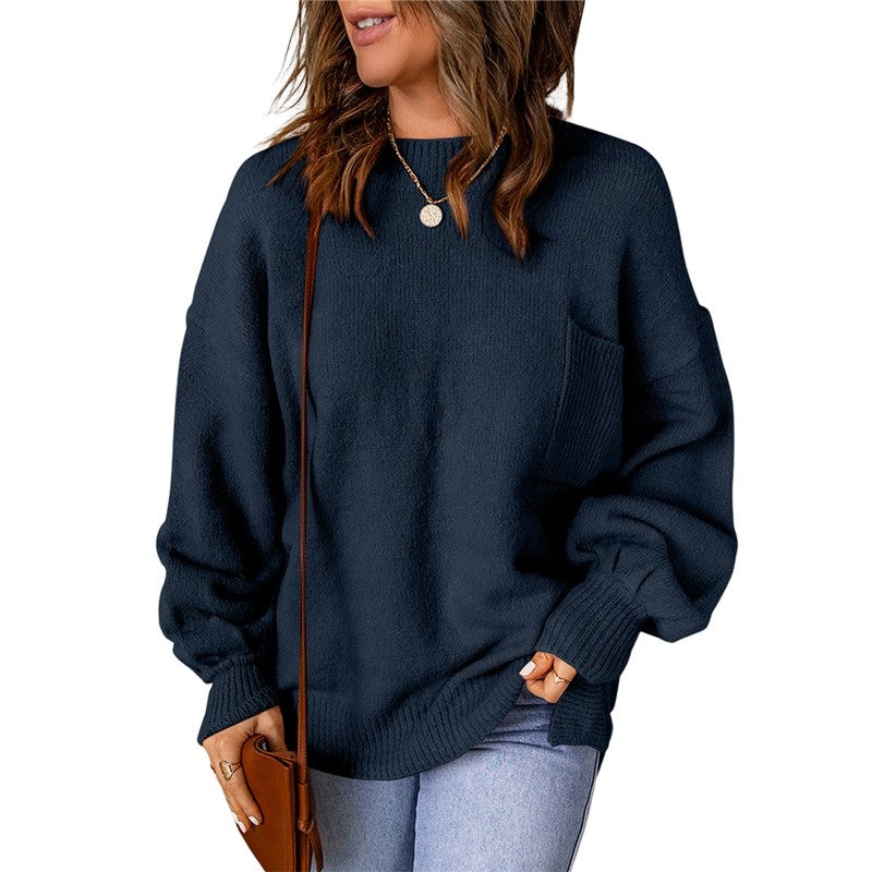 Loose Round Neck Lantern Sleeve Solid Color Sweater