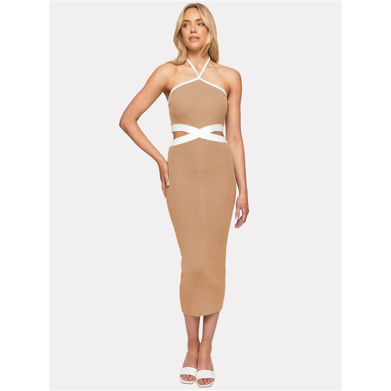 Contrast Color Sleeveless Halterneck Backless Hollow Bodycon Maxi Dress