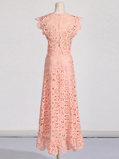 Flower Print Hollow Jacquard Solid Color Round-Neck Vest Top + Ruffle Trim Bodycon High-Low Skirts Bottom Two Pieces Set