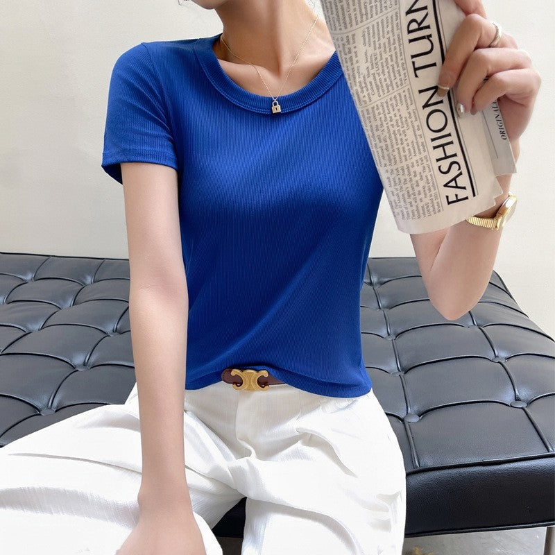 Ribbed Round Neck Short Sleeve T-Shirt