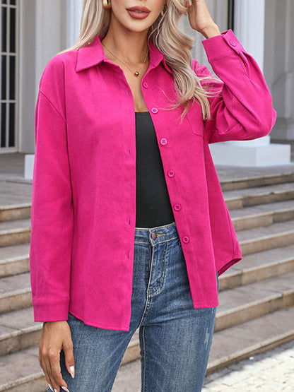 Long Sleeves Loose Solid Color Split-Joint Lapel Blouses