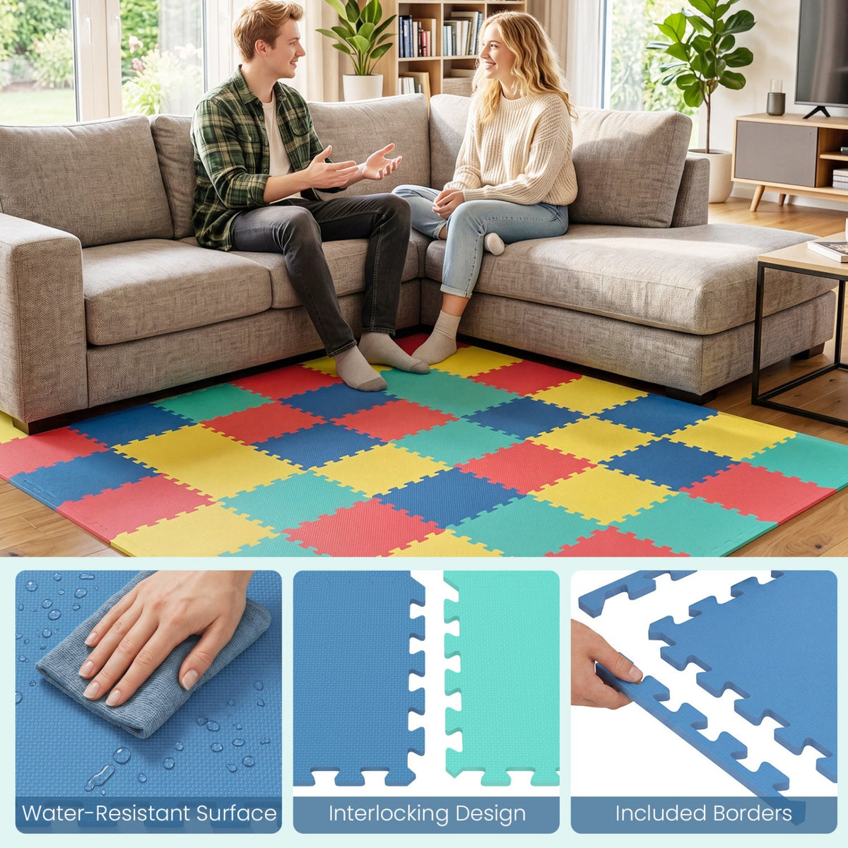 Interlocking EVA Foam Floor Tiles 18-Pack with Borders