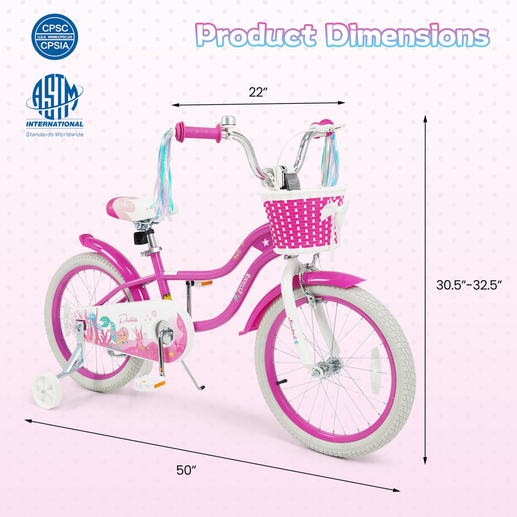 Kids Bike 18-Inch with Training Wheels and Basket Rose Red