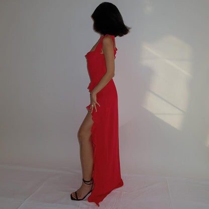 High Slit Ribbon Strap Solid Color Dress