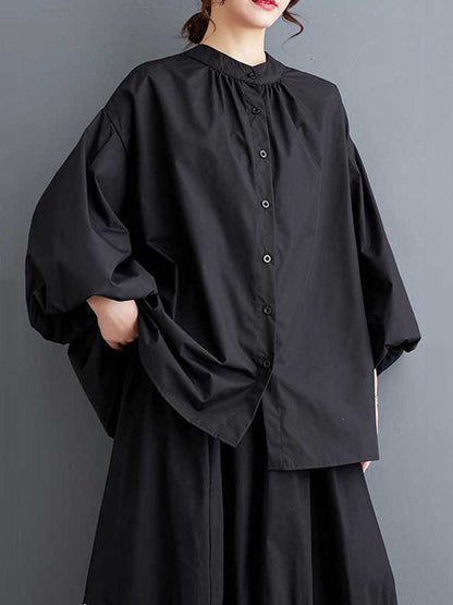 Loose Nine-Minute Sleeve Buttoned Hollow Pleated Solid Color Round-Neck Blouses&Shirts Tops