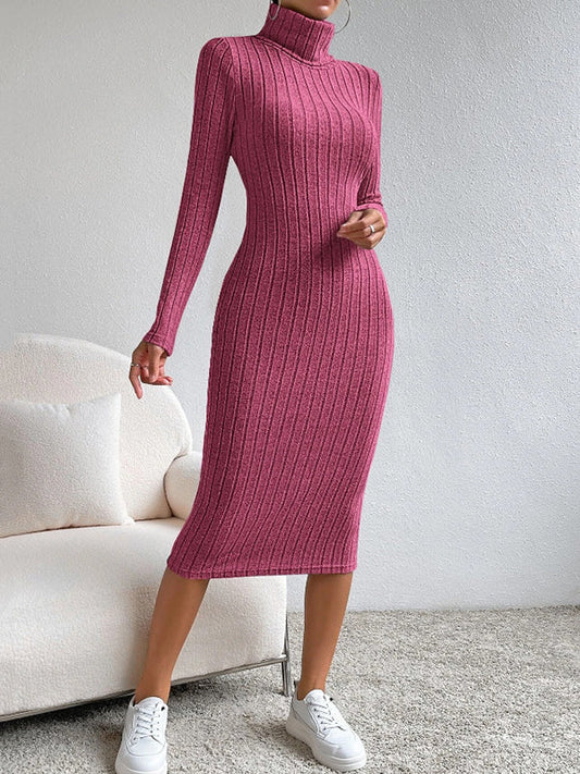 Long Sleeves Skinny Solid Color Split-Joint High Neck Midi Dresses Sweater Dresses