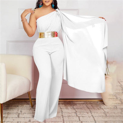 Solid Color Off-Shoulder Pleated Patchwork Jumpsuit