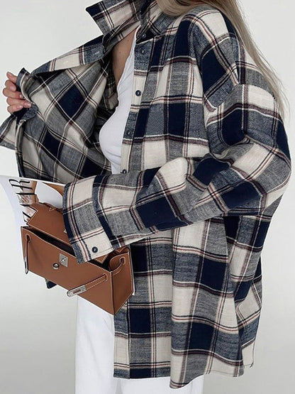Long Sleeves Loose Plaid Split-Joint Lapel Blouses&Shirts Tops