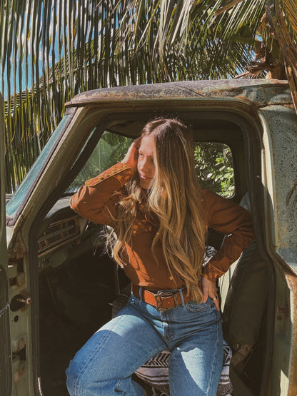 John Wayne Western Pearl Snap Button Up Top In Brown