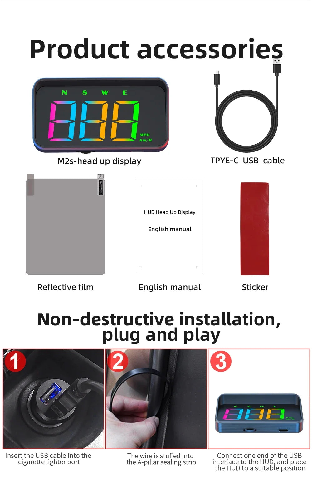 GPS Head-Up Speedometer Display with Large Font, Auto Brightness & MPH Speed Unit (Type-C Powered)