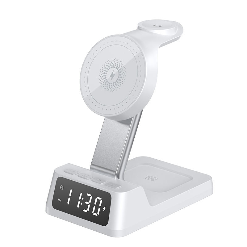 4-in-1 Wireless Charging Station with Alarm Clock – Fast Charging Stand for Phone, Watch & Earbuds (Black or White)