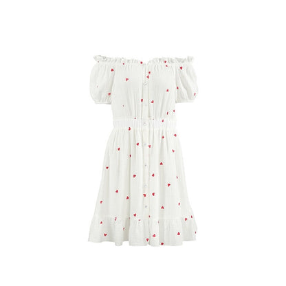 Heart Print One-Shoulder Nightgown with Ruffle Hem