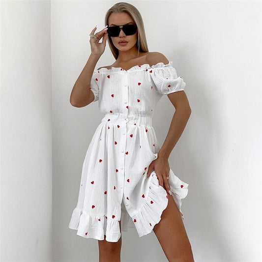 Heart Print One-Shoulder Nightgown with Ruffle Hem