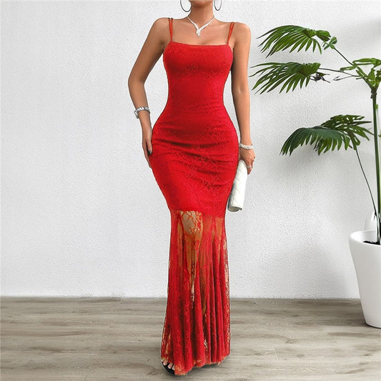 Stylish Lace Sling Dress in Solid Color