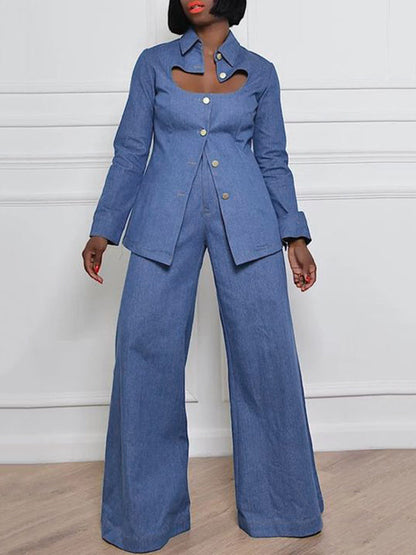 High-Waisted Loose Fit Jeans with Pockets and Lapel - Solid Color