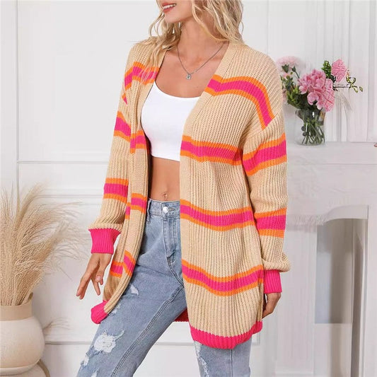 Knitted Color Block Striped Long Cardigan