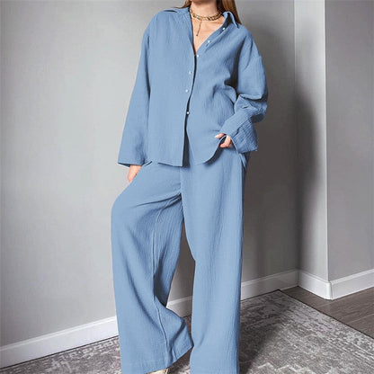 Solid Color Long Sleeve Lapel Buttoned Blouse and Pants Two-piece Lounge Set