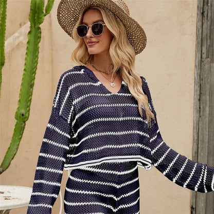 Striped V-Neck Hooded Knit Sweater Two-Piece Set