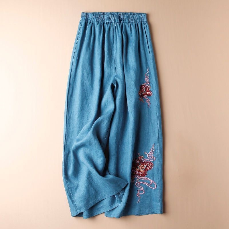 Embroidered Wide-Leg Linen Blend Cropped Pants