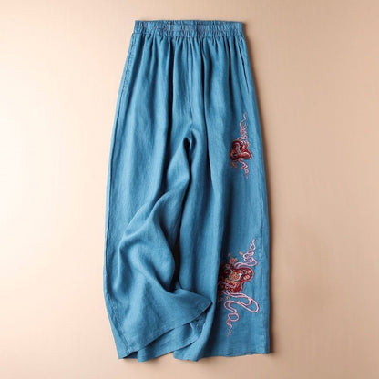 Embroidered Wide-Leg Linen Blend Cropped Pants