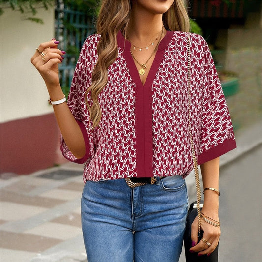 Contrast Color Half Sleeve Printing Pullover Blouse
