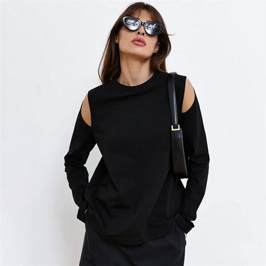 Simple Black Cotton Off-Shoulder Cutout Long Sleeve Top