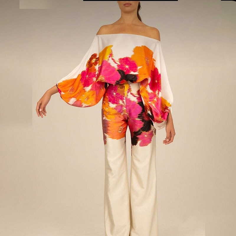 Printed Batwing Sleeve Top with Wide Leg Pants Set