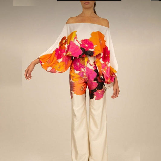 Printed Batwing Sleeve Top with Wide Leg Pants Set