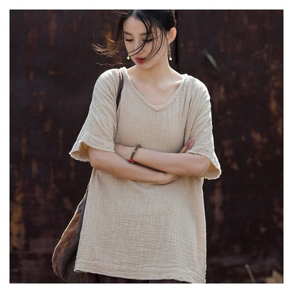 Solid Color Double-Layer Bamboo Joint Literary All-Match T-Shirt