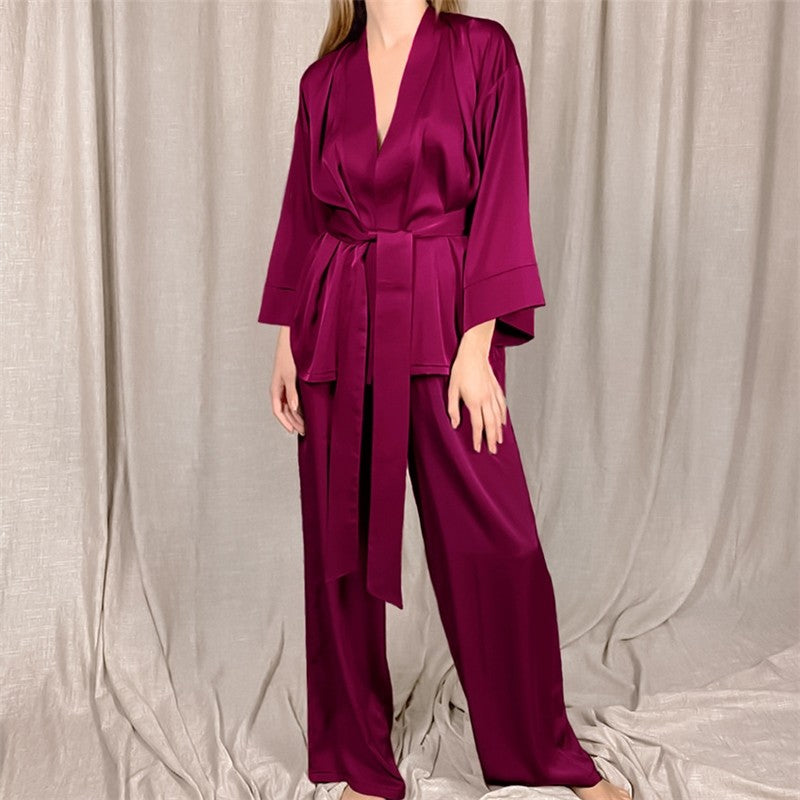 Solid Color Satin Tie Pajama Set