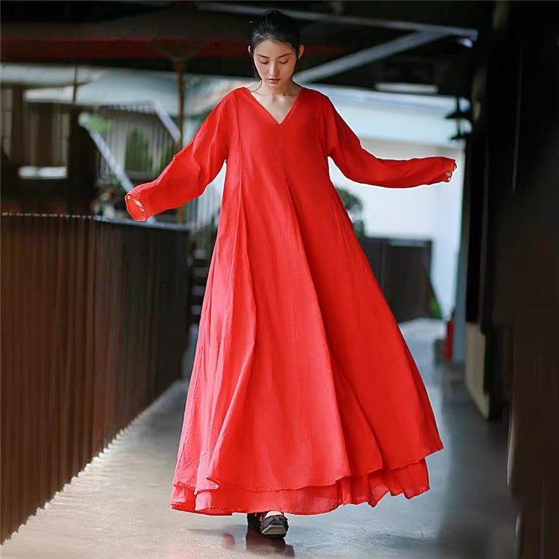 Two-Layered Long Sleeve Solid Color Dress