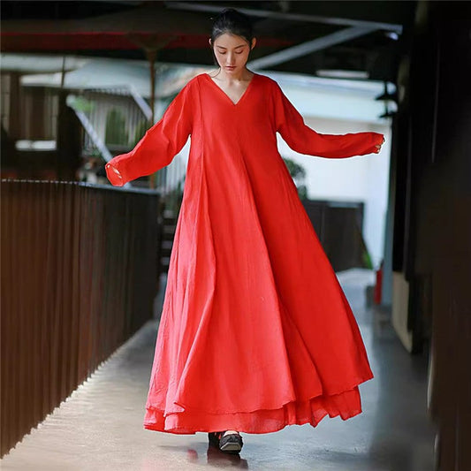 Two-Layered Long Sleeve Solid Color Dress