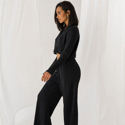 Solid Color Knitted V-Neck Cardigan and Pants Lounge Suit