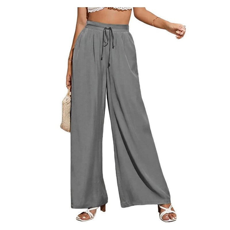 Elevated Solid Color High-Waisted Tie-Up Wide-Leg Trousers