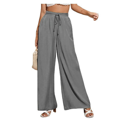 Elevated Solid Color High-Waisted Tie-Up Wide-Leg Trousers