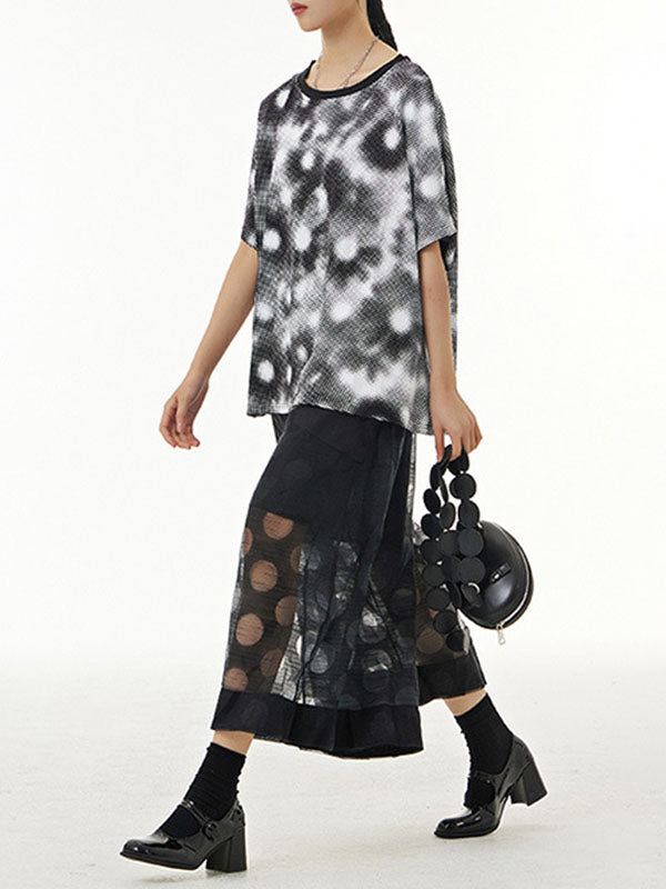 Cropped False Two Gauze Polka-Dot See-Through Casual Pants Bottoms