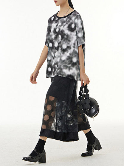 Cropped False Two Gauze Polka-Dot See-Through Casual Pants Bottoms