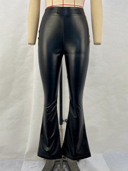 High Waisted Shiny Solid Color Flared Trousers Pants