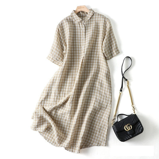 Short Sleeve Lapel A-Line Ramie Cotton Casual Retro Dress